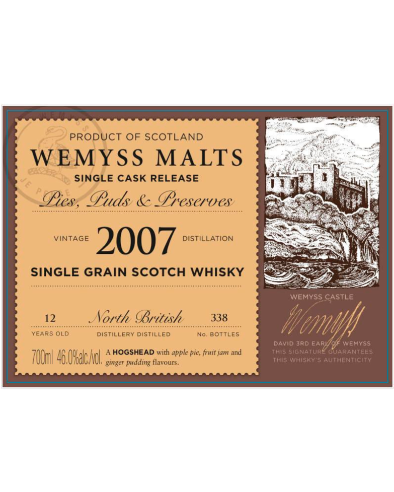 Wemyss Single Cask Range North British 2007, 12 Year Old, Pies, Puds and Preserves - Premium Independent Bottle from Wemyss - Shop now at Whiskery